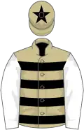 Beige and black hoops, white sleeves, beige cap, black star