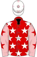 Red, white stars, pink sleeves, red stars, white cap, pink stars