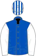 Royal blue, white sleeves, striped cap