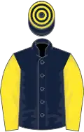 Dark blue, yellow sleeves, hooped cap