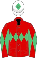 Red, emerald green triple diamond, diabolo on sleeves, white cap, emerald green diamond