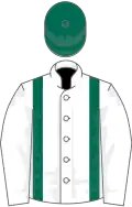 White, dark green braces, dark green cap