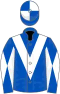 Royal blue, white chevron, diabolo on sleeves, quartered cap