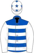 Royal blue and white hoops, white sleeves, white cap, royal blue stars