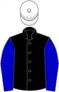Black, blue sleeves, white cap