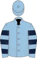 Light blue, dark blue hooped sleeves, light blue cap