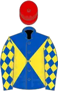 Royal blue and yellow diabolo, yellow diamonds on sleeves, red cap