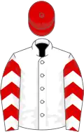 White, red chevrons on sleeves, red cap