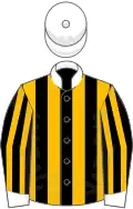 Black and amber striped, white collar, cuffs and cap