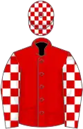 Red, white checked sleeves and cap