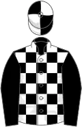 Black and white check, black sleeves, quartered cap