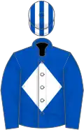 Royal blue, white diamond, white and royal blue striped cap