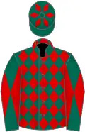 Dark green and red diamonds, diabolo on sleeves, dark green cap, red diamonds