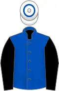 Royal blue, black sleeves, white cap, blue hoop