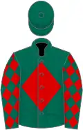 Dark green, red diamond, red sleeves, dark green diamonds, dark green cap, red diamond