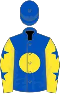 Royal blue, yellow disc, yellow sleeves, royal blue stars