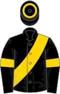 Black, gold belt, gold armlets on sleeves, gold hoop on black cap