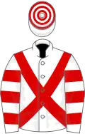 White, red cross-belts, hooped sleeves and cap
