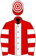 RED, white panel, hooped sleeves and cap