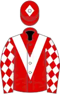 Red, white chevron, white diamonds on sleeves, white diamond on cap