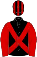 Black, red cross belts and sleeves, striped cap