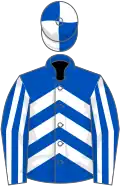 Royal blue, white chevrons, striped sleeves, quartered cap
