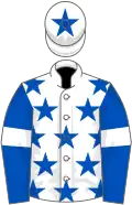 White, royal blue stars, royal blue sleeves, white armlets, white cap, royal blue star
