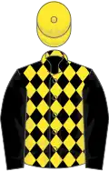 Black and yellow diamonds, black sleeves, yellow cap