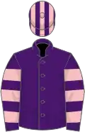 Purple, pink hooped sleeves, striped cap