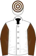 White, brown sleeves, hooped cap
