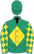 Emerald green, yellow diamond, yellow diamonds on sleeves, emerald green cap