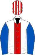 White, red stripe, royal blue sleeves, red and white striped cap