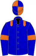 Blue, orange epaulettes, blue sleeves, orange armlets, orange cap, blue quartered