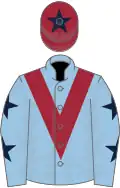 LIGHT BLUE, maroon chevron, light blue sleeves, dark blue stars, maroon cap, dark blue star