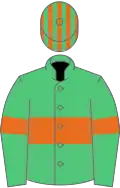 EMERALD GREEN, orange hoop and armlet, striped cap