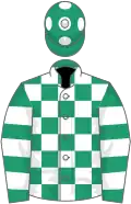 Emerald green and white check, hooped sleeves, green cap, white spots