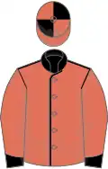 Terra cotta, black seams, collar and cuffs, quartered cap