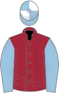 Maroon, Light Blue sleeves, Light Blue and White quartered cap