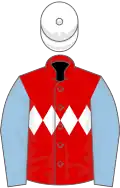 Red, white triple diamond, light blue sleeves, white cap