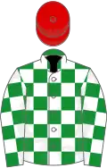 Green and white checked, red cap