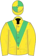 Yellow, emerald green chevron, quartered cap