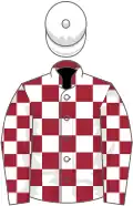 Maroon and white check, white cap