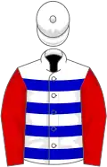 White, blue hooped, red sleeves, white cap