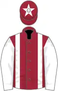 Maroon, white braces, white sleeves, maroon cap, white star