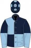 Dark and light blue (quartered), halved sleeves, dark blue cap, light blue spots