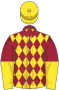 Maroon and yellow diamonds, halved sleeves, yellow cap