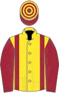 Yellow, maroon braces and sleeves, maroon and yellow hooped cap