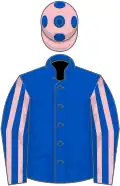 Royal blue, pink striped sleeves, pink cap, blue spots