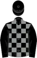 Black and grey check, black sleeves and cap