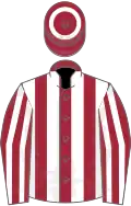 Maroon and white stripes, maroon cap, white hoop